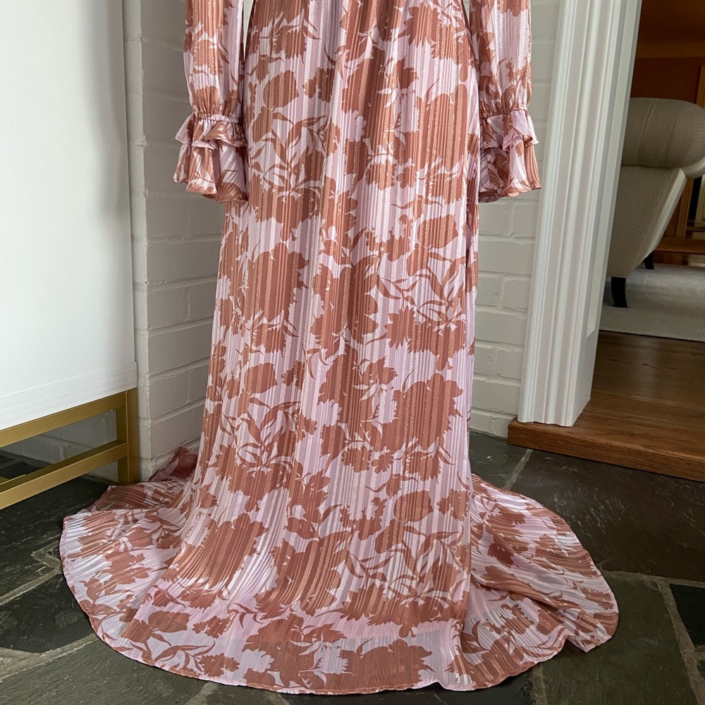 Lulus Floral Ruffle Full Length Spring Dress In Soft Pink and Brown Size S - Picture 5 of 10